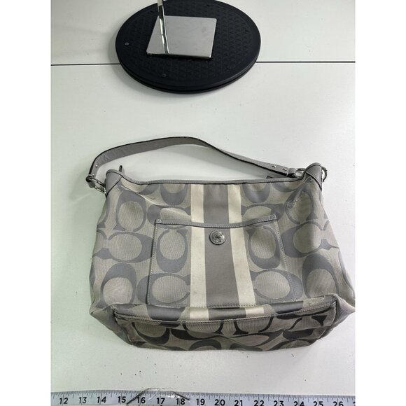 DAMAGED Coach Signature C Monogram Medium Tote Gray White Stripe Down Middle - Picture 4 of 15
